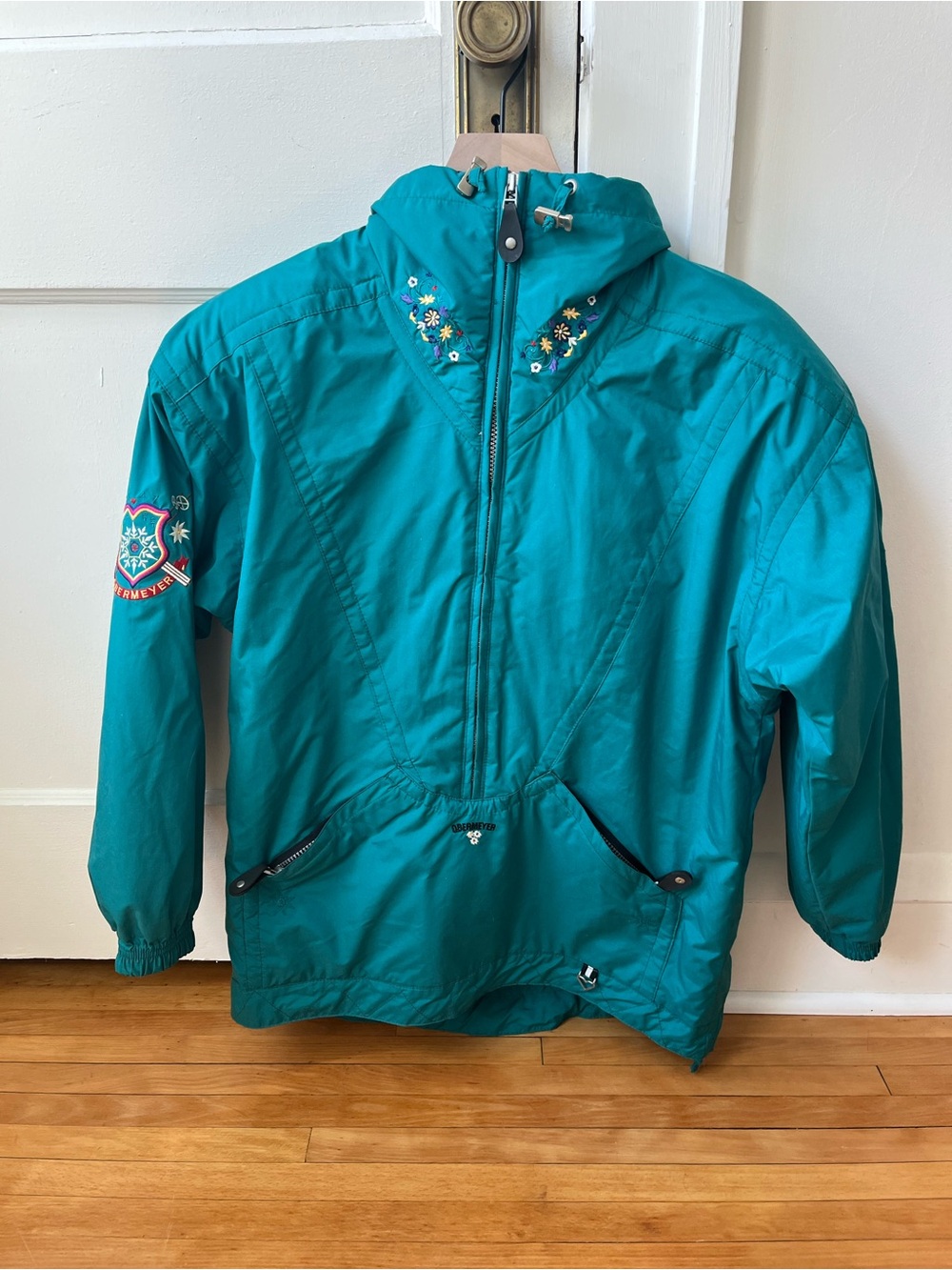 Vintage Obermeyer Teal Hooded Ski Windbreaker Jacket with Embroidered Accents